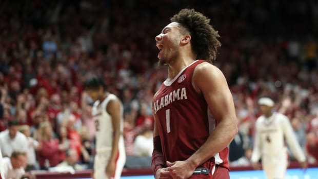 Mar 9, 2024; Tuscaloosa, Alabama, USA; Alabama guard Mark Sears (1) celebrates as Alabama closes out the win over Arkansas at Coleman Coliseum. Alabama came from behind to win on overtime 92-88. Mandatory Credit: Gary Cosby Jr.-USA TODAY Sports  